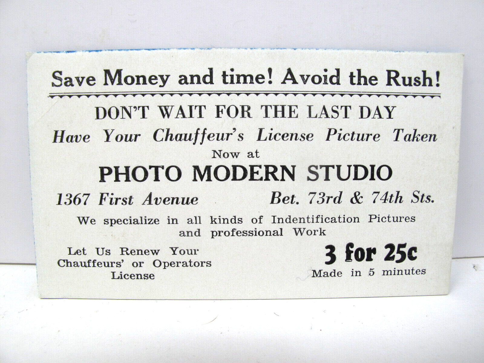 PHOTO MODERN STUDIO New York City CHAUFFEUR Operators License Business Card
