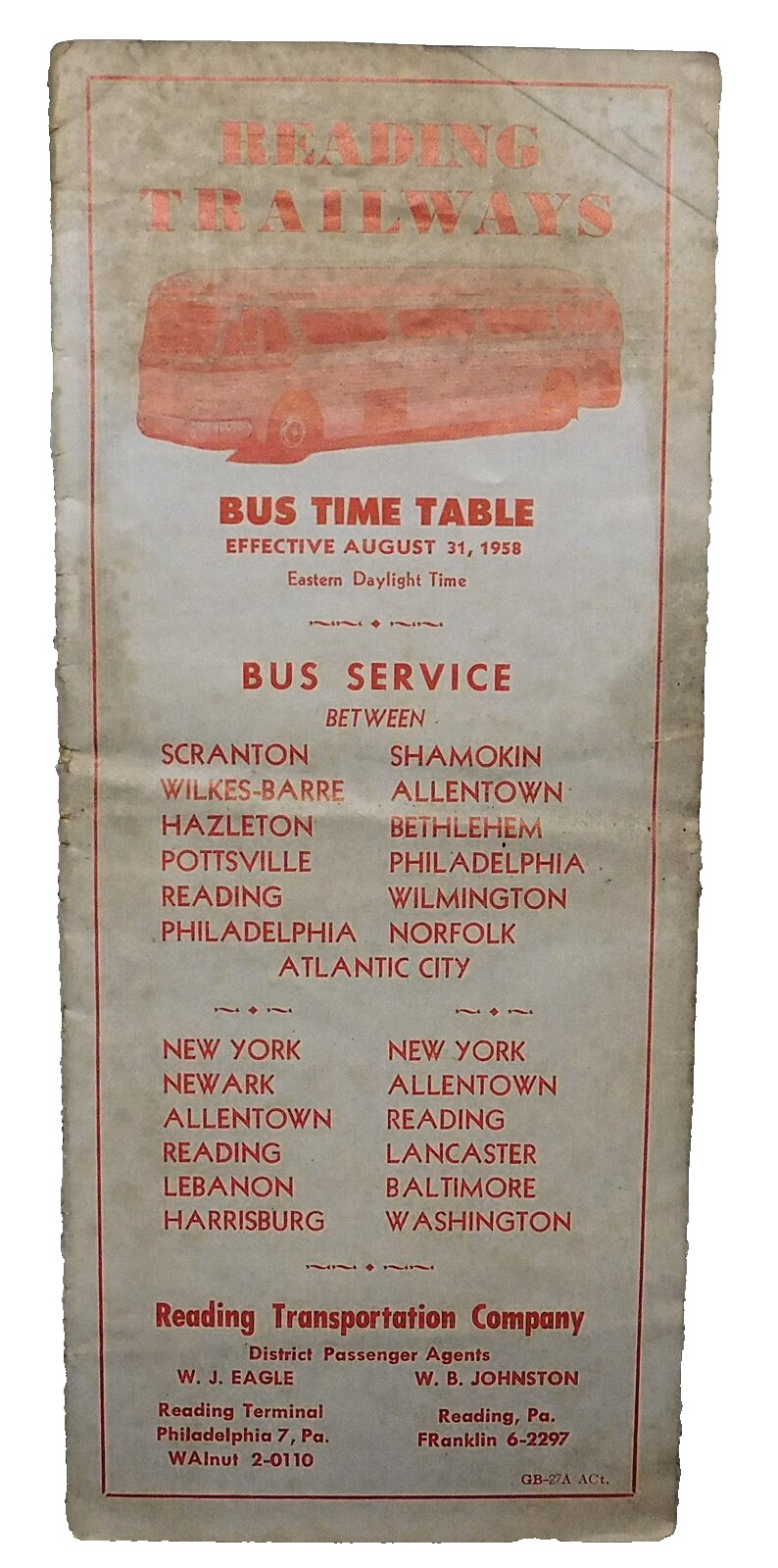 1958 Reading Trailways Bus Time Table East Coast Locations