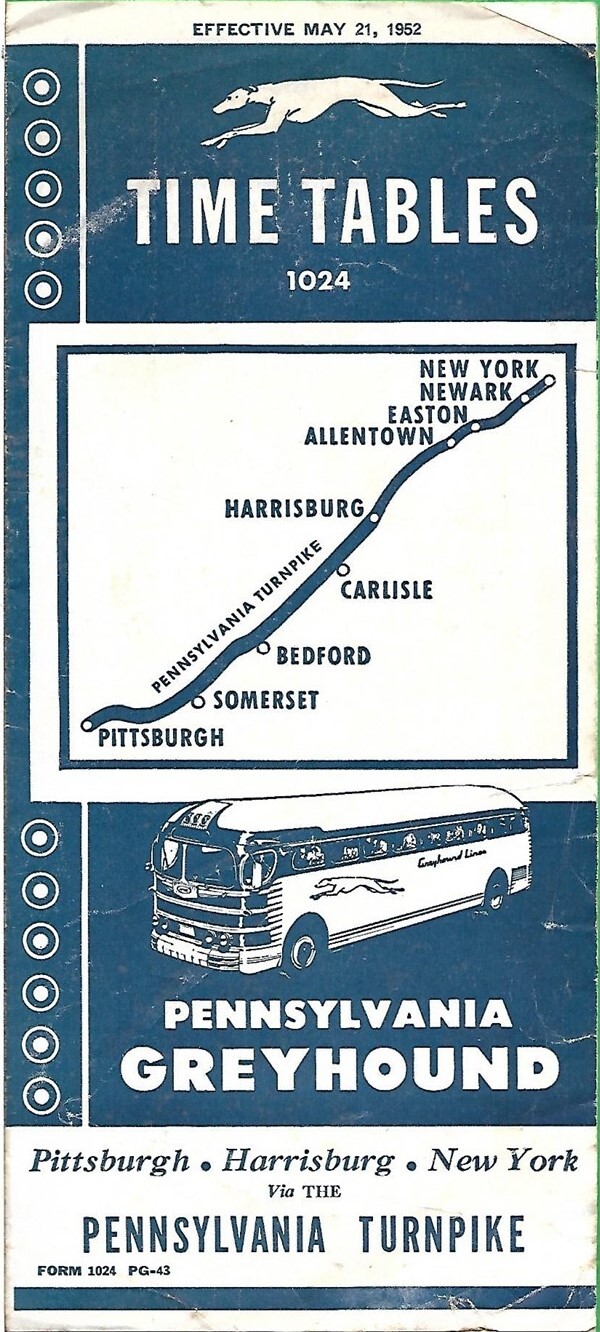1952 PENNSYLVANIA GREYHOUND Bus Time Tables 1024 New York Harrisburg Pittsburgh