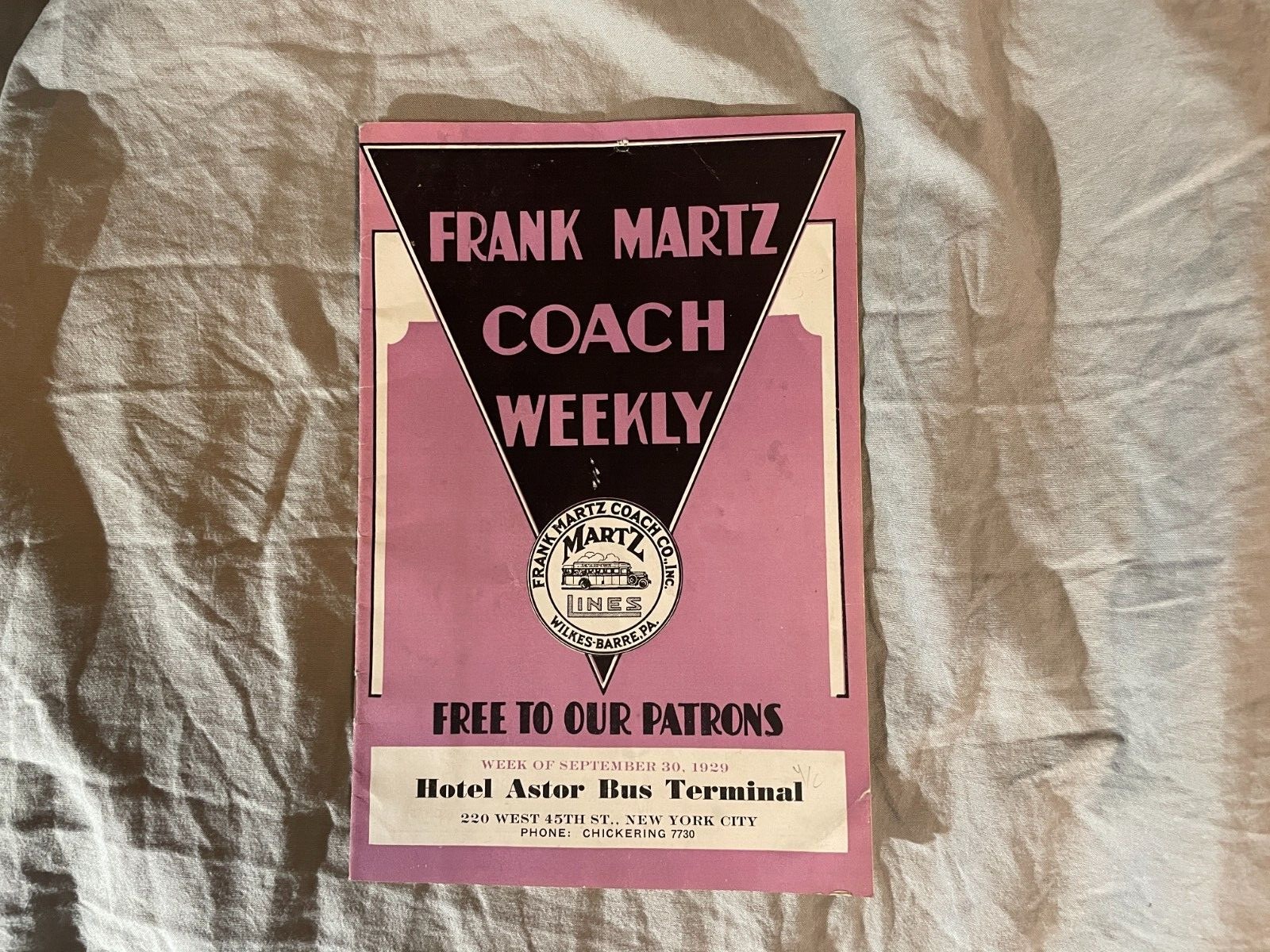 Frank Martz Coach Bus Weekly Timetable 1929 NYC New York City Wilkes Barre PA NY