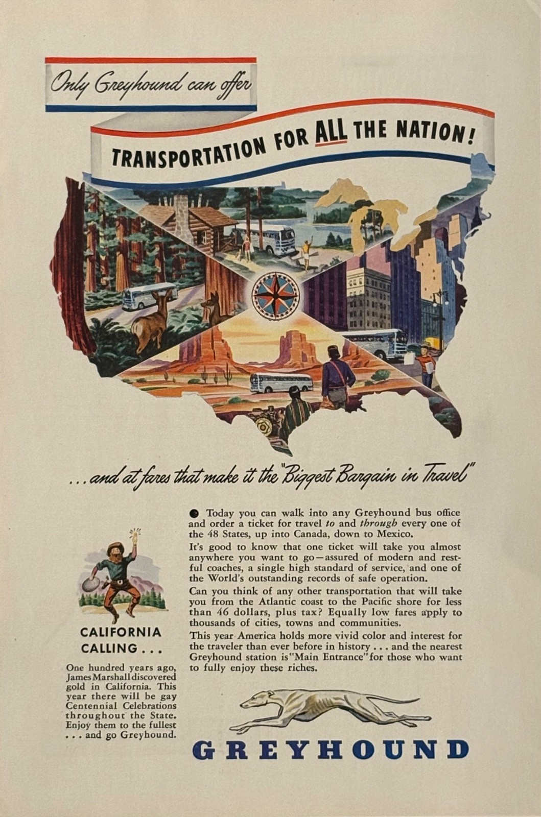 1948 Greyhound Bus Print Advertising “Transportation for All the Nation” Travel