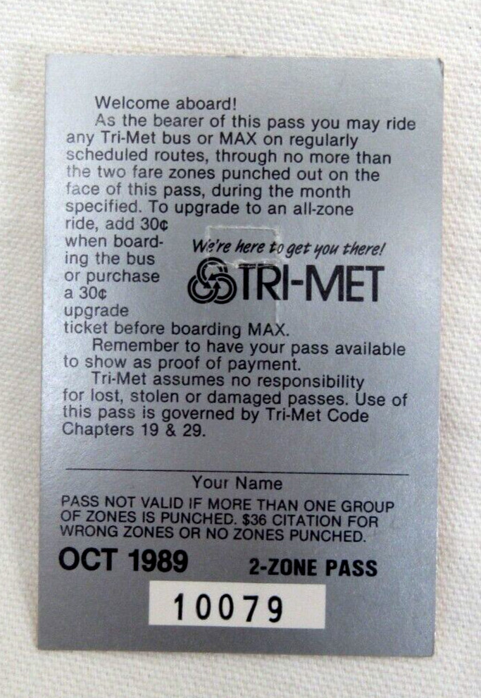 Vintage Tri-Met Bus & Max Light Rail Oct. 1989 Monthly Pass Portland Oregon OR