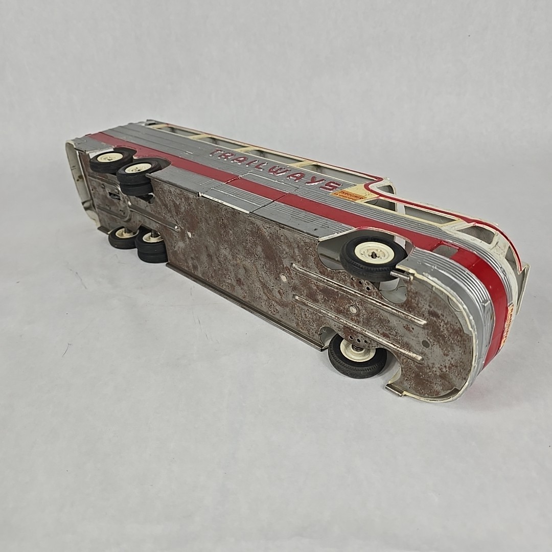 Vintage 1955 Trailways Friction Thruliner Bus Silver and Red 18″