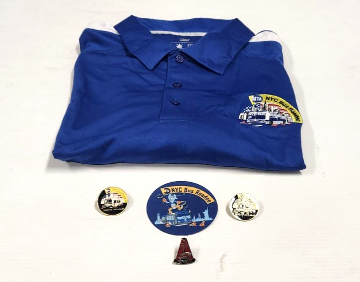 New York City MTA Bus Roadeo Shirt Patch & Pins Blue Polo Shirt ~ Size XXL