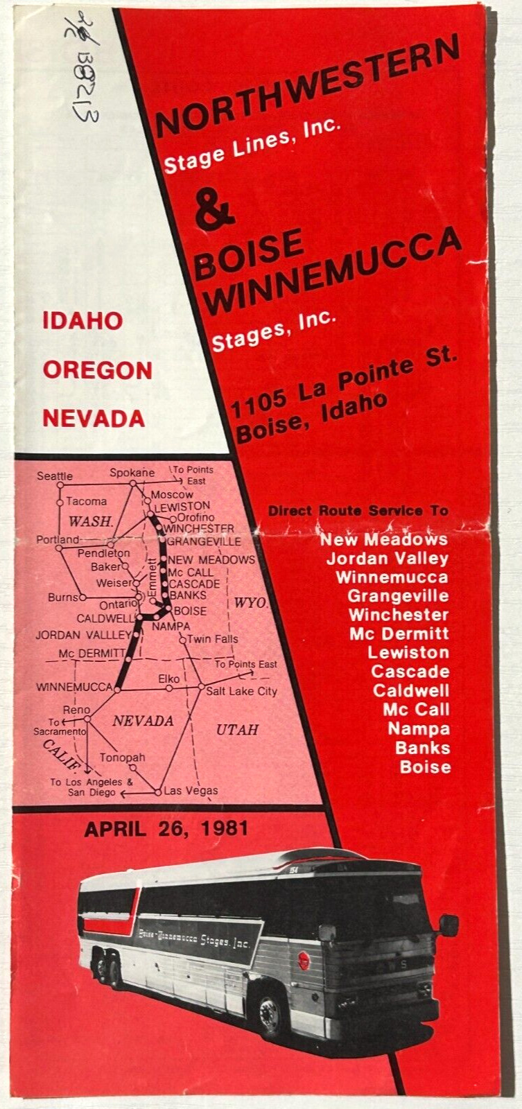 Northwestern Boise Winnemucca Motor Coach Bus Schedule 1981 Idaho Nevada