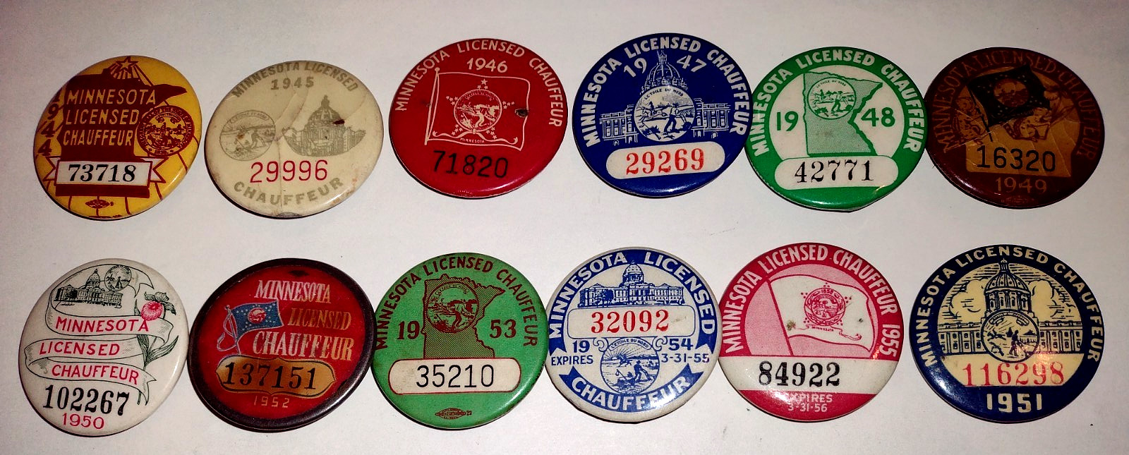 12 Years 1944-1955 Minnesota Chauffeur License Badge Buttons Pins Pinback