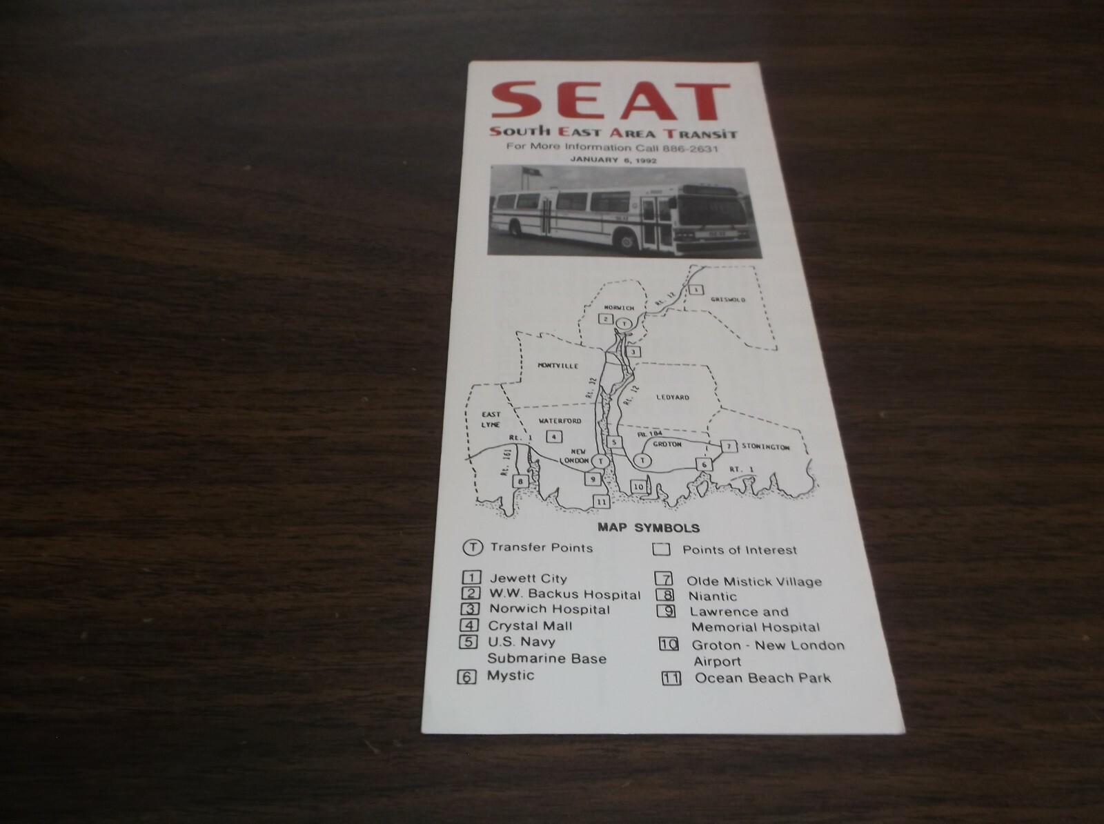 JANUARY 1992 SOUTH EAST AREA TRANSIT SEAT BUS SCHEDULE NORWICH CONNECTICUT