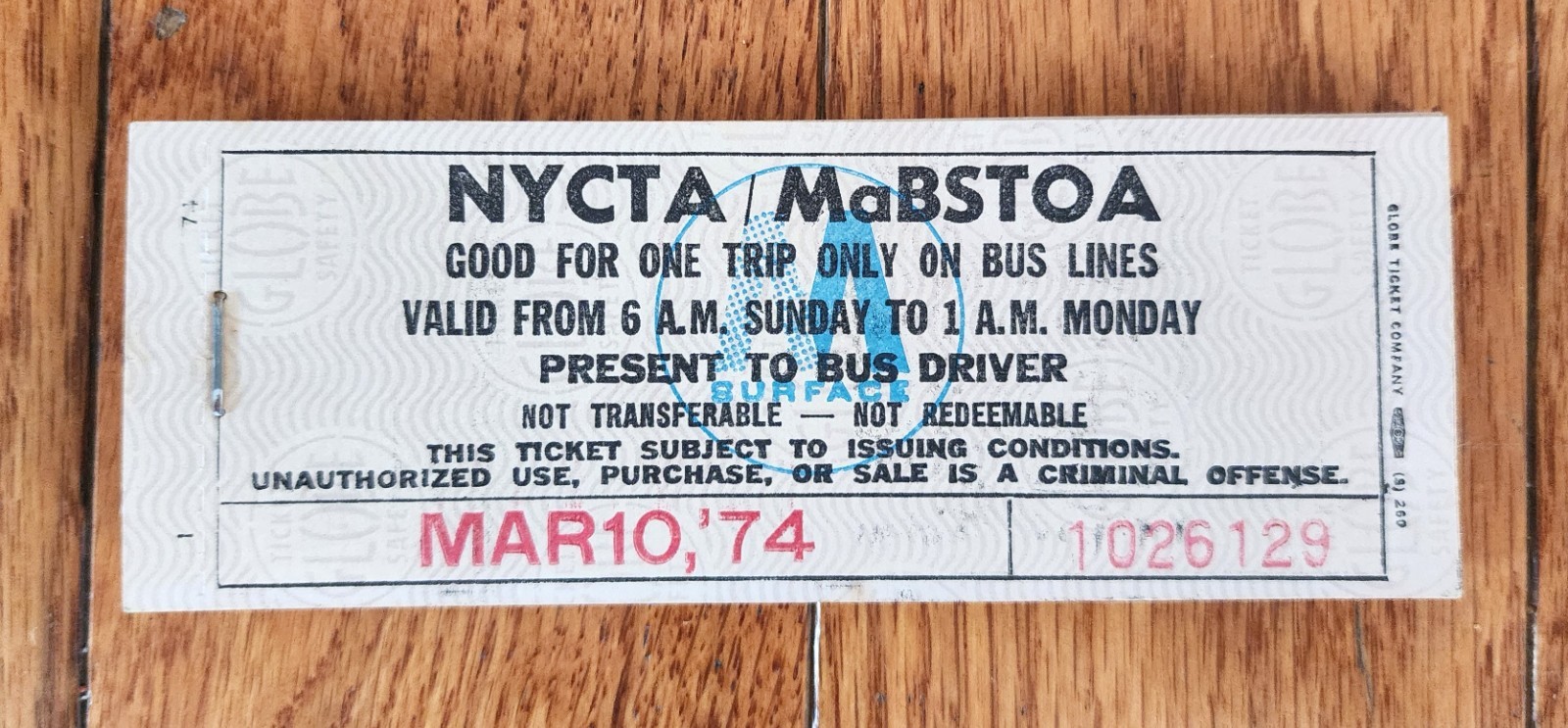 1974 NYCTA MABSTOA NYC BUS TICKET BOOK WHITE