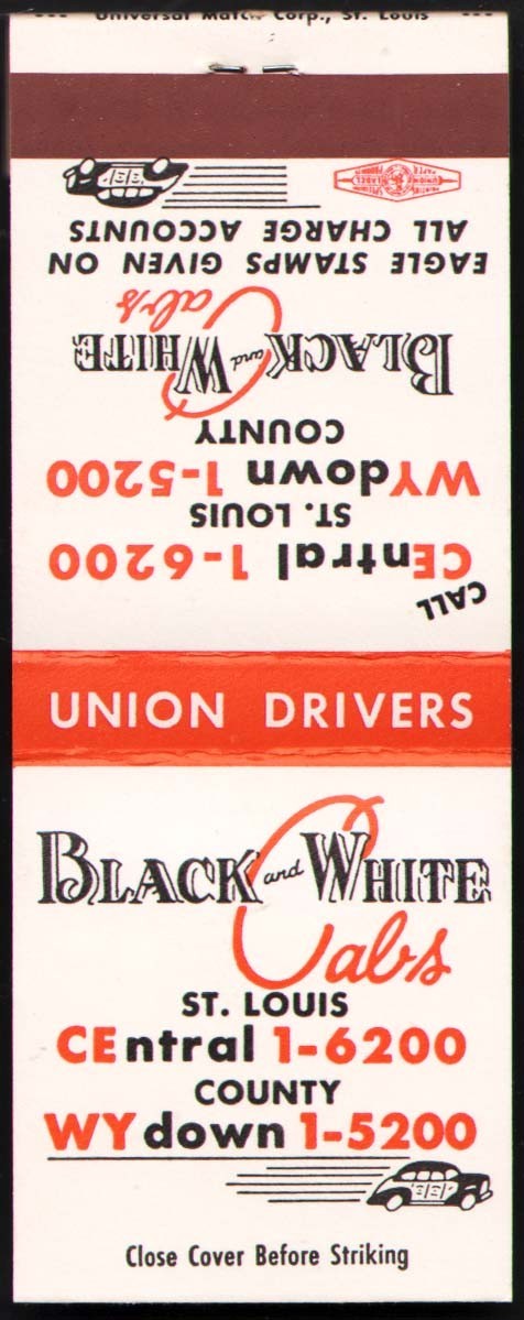 Vintage full matchbook BLACK and WHITE CABS St Louis County taxicab pictured