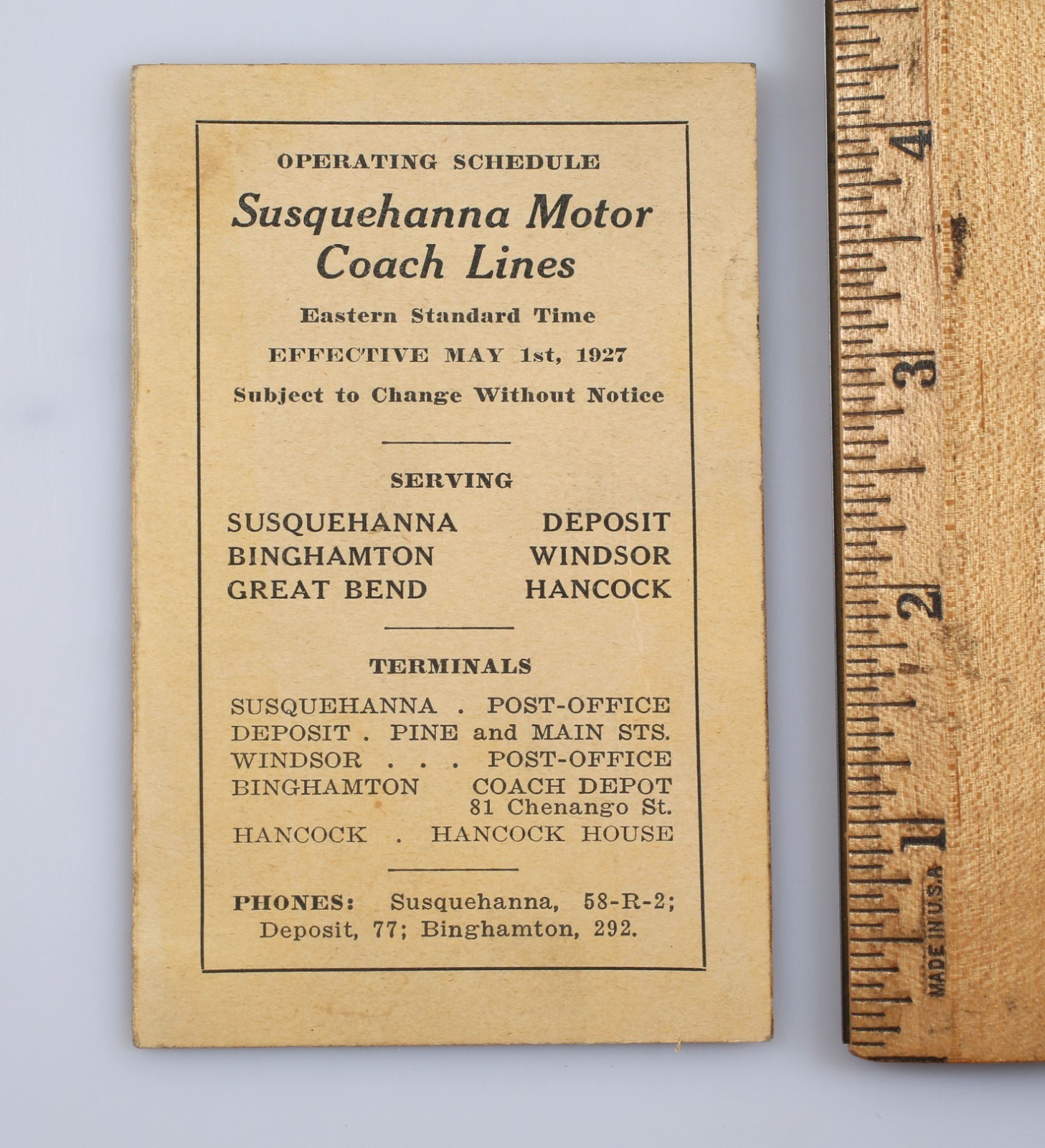 Vintage 1927 Susquehanna Motor Coach Lines Timetable Binghamton New York