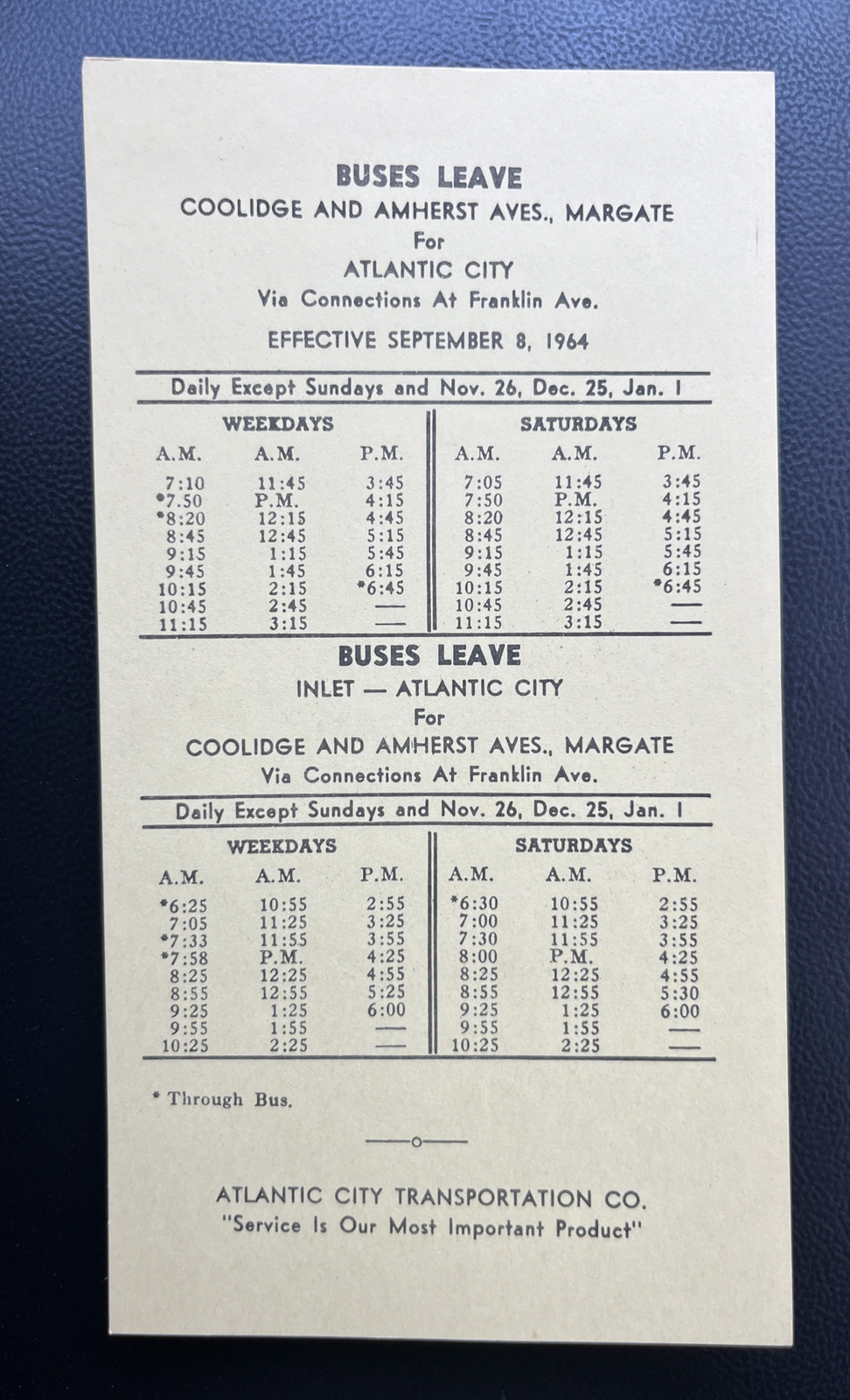 Sept 8, 1964 Atlantic City Transportation Company Margate to AC Bus Schedule