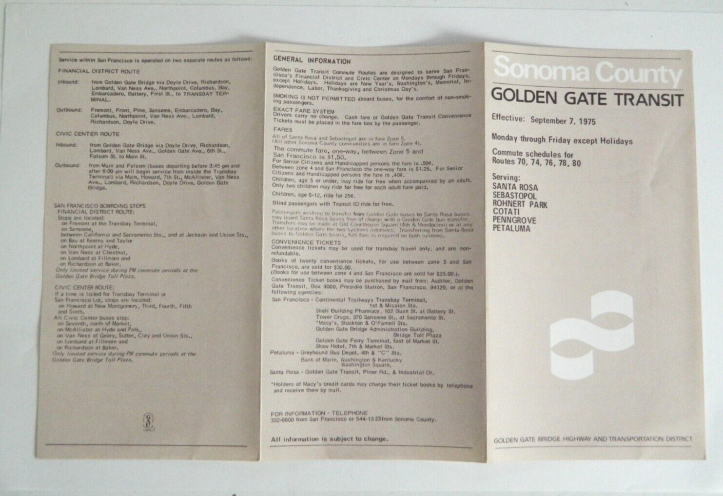 1975 Sonoma County Golden State Transit bus Schedule. T4