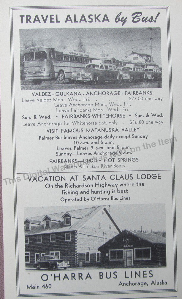 1946 Ad O’Harra Bus Lines Anchorage Travel Alaska by Bus Santa Claus Lodge