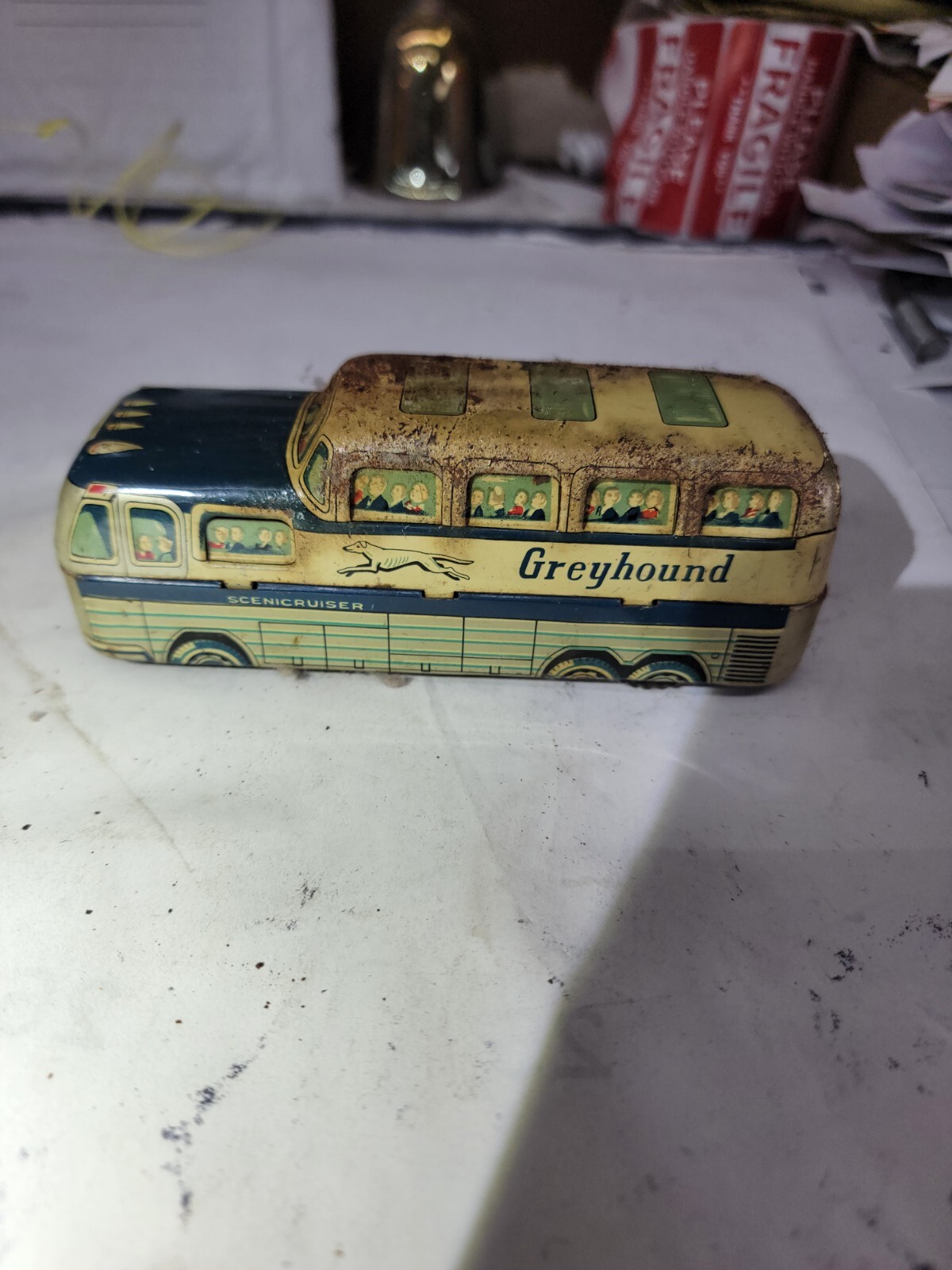 Early Rare Front Wheel Adjustable Steering Greyhound Tin Bus marx? See pics