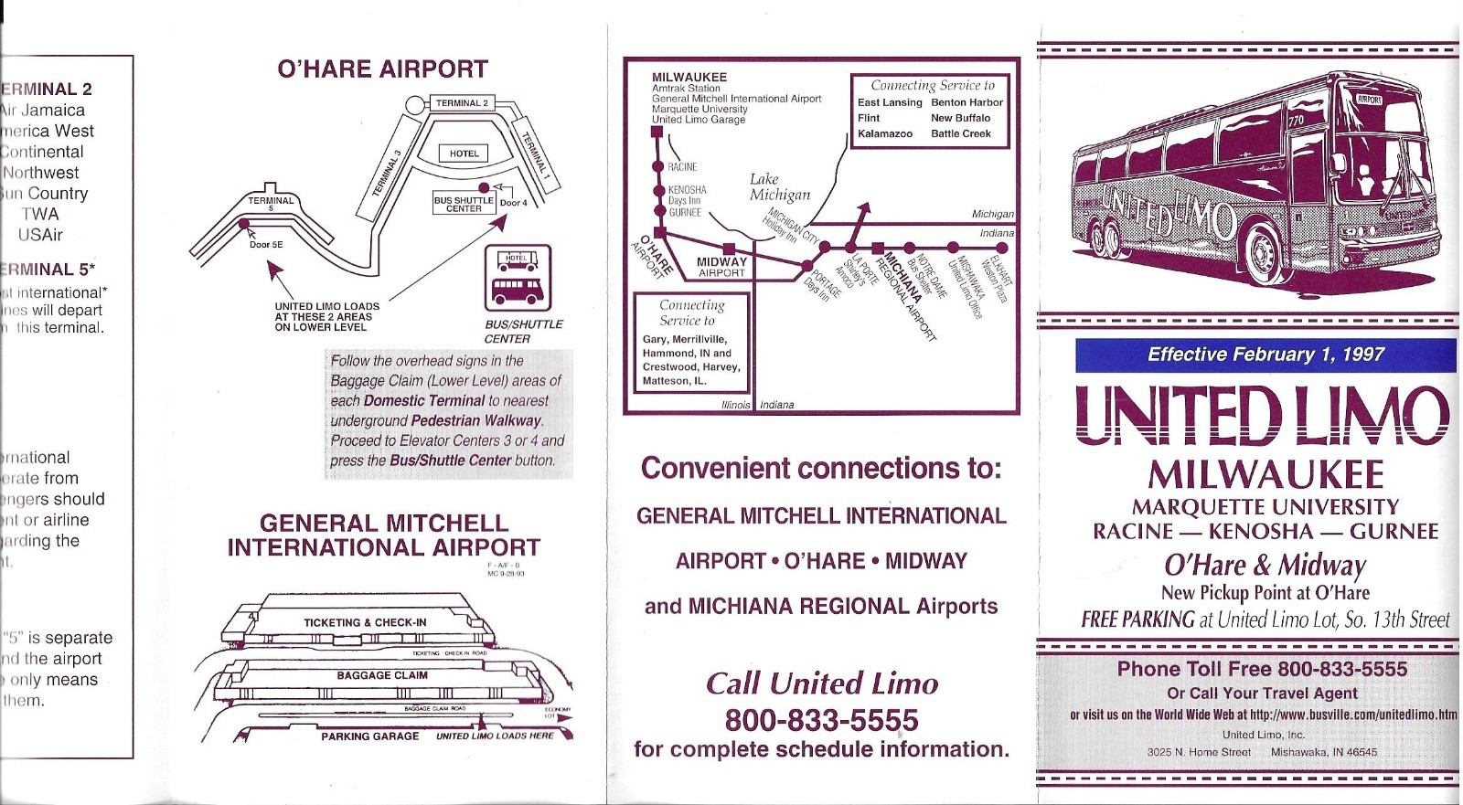 United Limo Bus Schedule Timetable Milwaukee Area Locations to Chicago Airports.