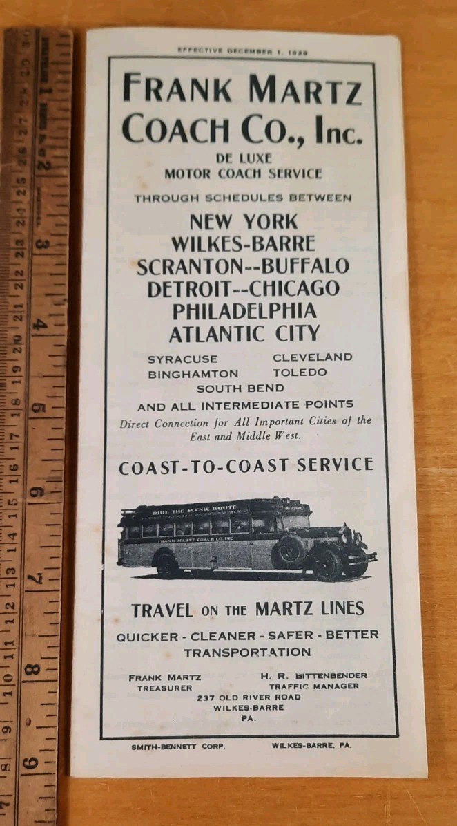 Frank Martz Coach Co. Bus Schedule / Timetable December 1929 – Wilkes Barre Pa