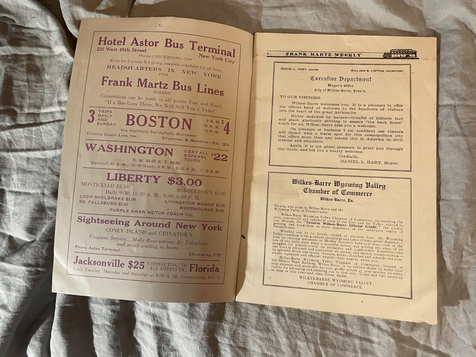 Frank Martz Coach Bus Weekly Timetable 1929 NYC New York City Wilkes Barre PA NY