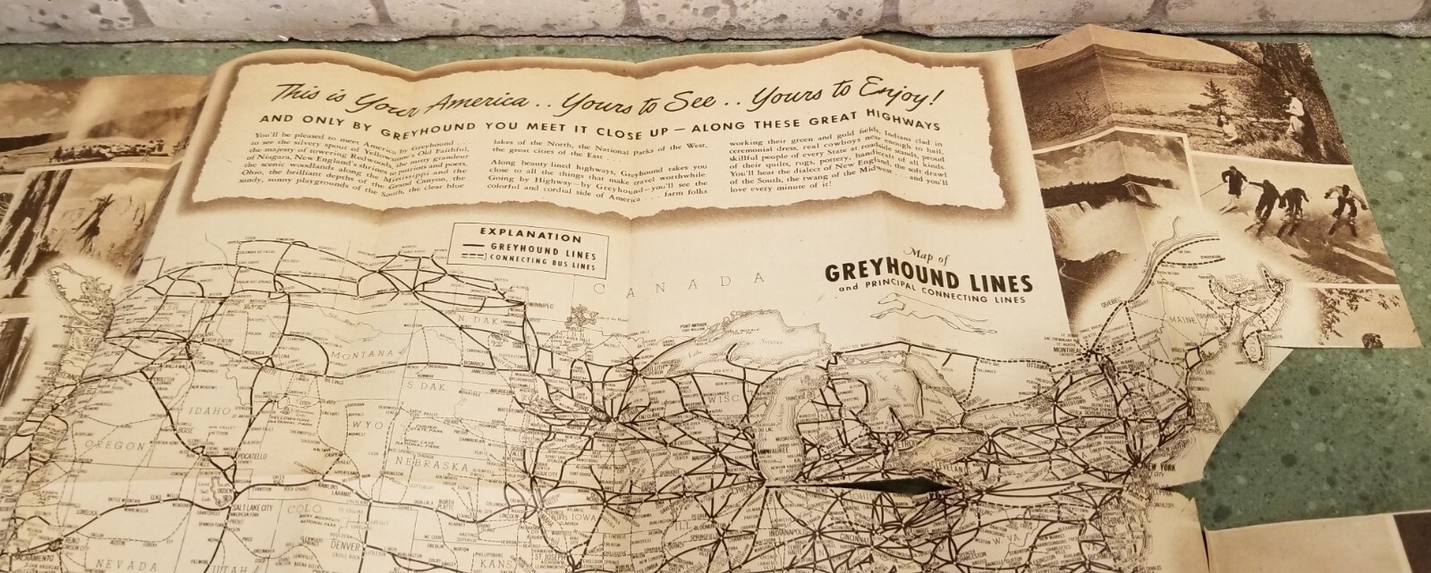 GREYHOUND MAP OF THE UNITED STATES~TRANSPORTATION~BUS LINE~USA~1940’s~VINTAGE