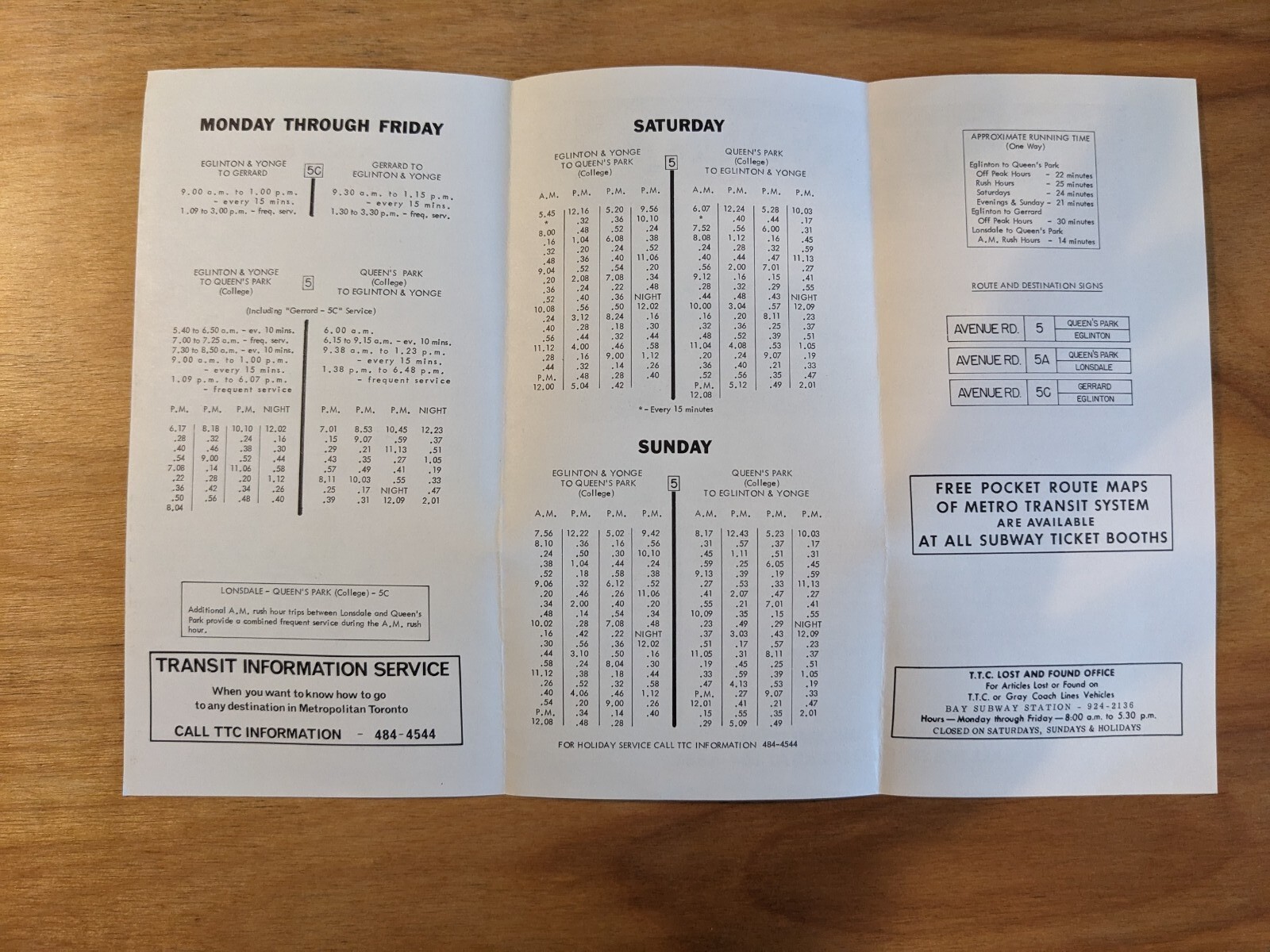 Toronto Transit Commission TTC Route 5 Bus Timetable