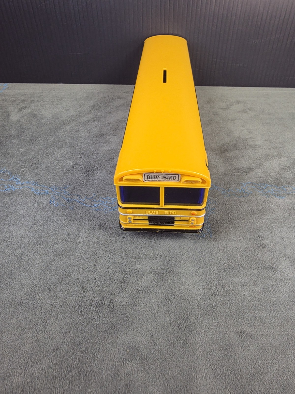 Vtg Yellow Blue Bird School Bus Jimson No. 330 Coin Bank Plastic 10” w/ Plug A-1
