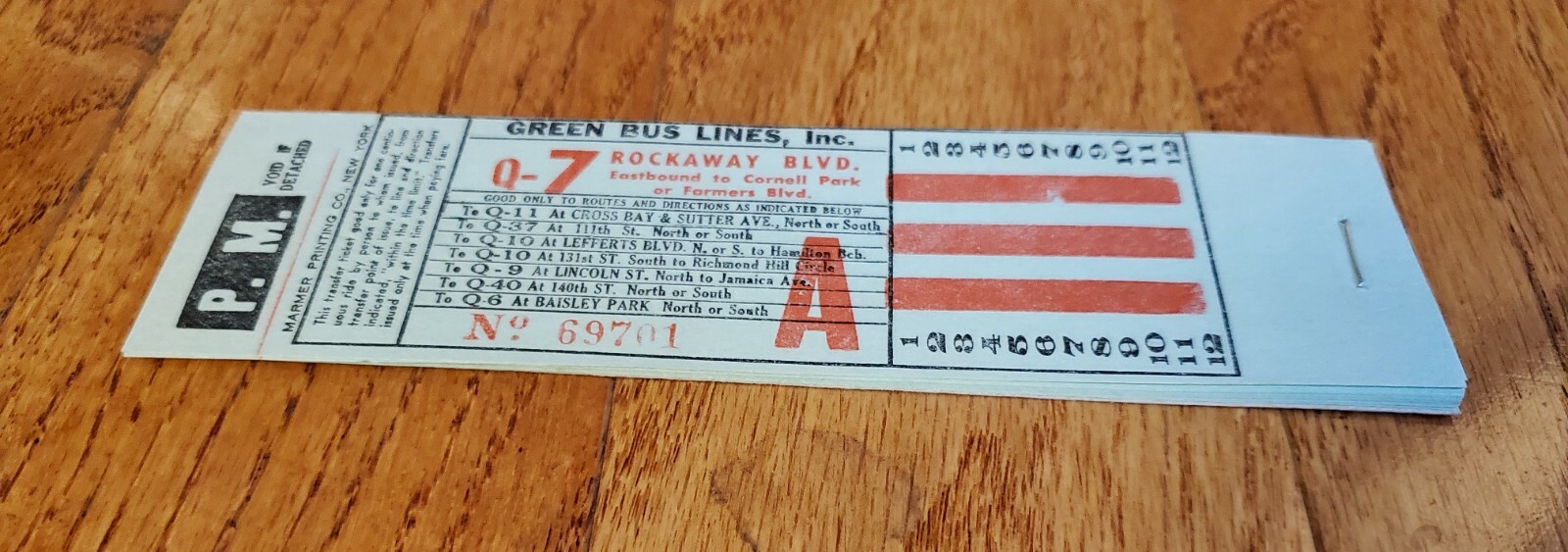 GREEN BUS LINES INC TRANSFER TICKET BOOK Q-7 ROCKAWAY BLVD QUEENS NY GREEN/RED