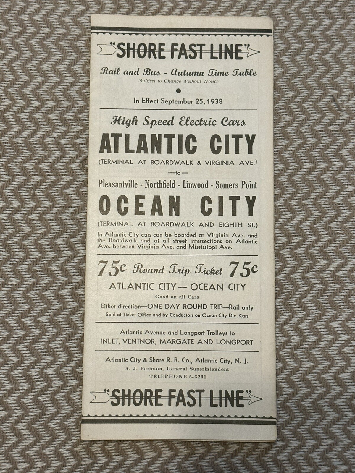 September 25, 1938 SHORE FAST LINE-HIGH SPEED ELECTRIC CARS-SCHEDULE A.C./O.C.!!