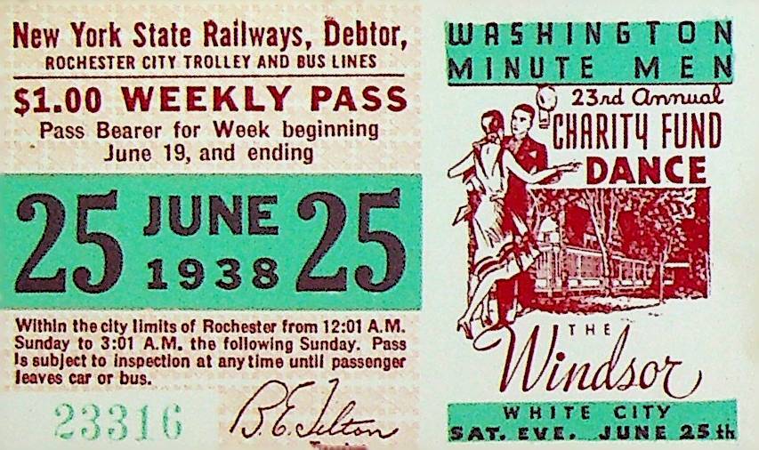 Rochester City Trolley & Bus Lines Pass June 25 1938 Washington Minute Men
