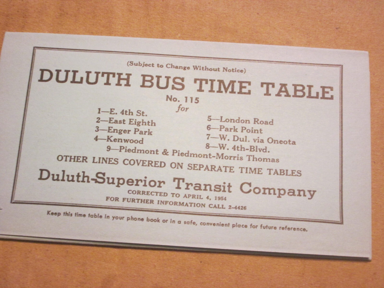 Duluth-Superior Transit Bus Time Table Duluth April 1954