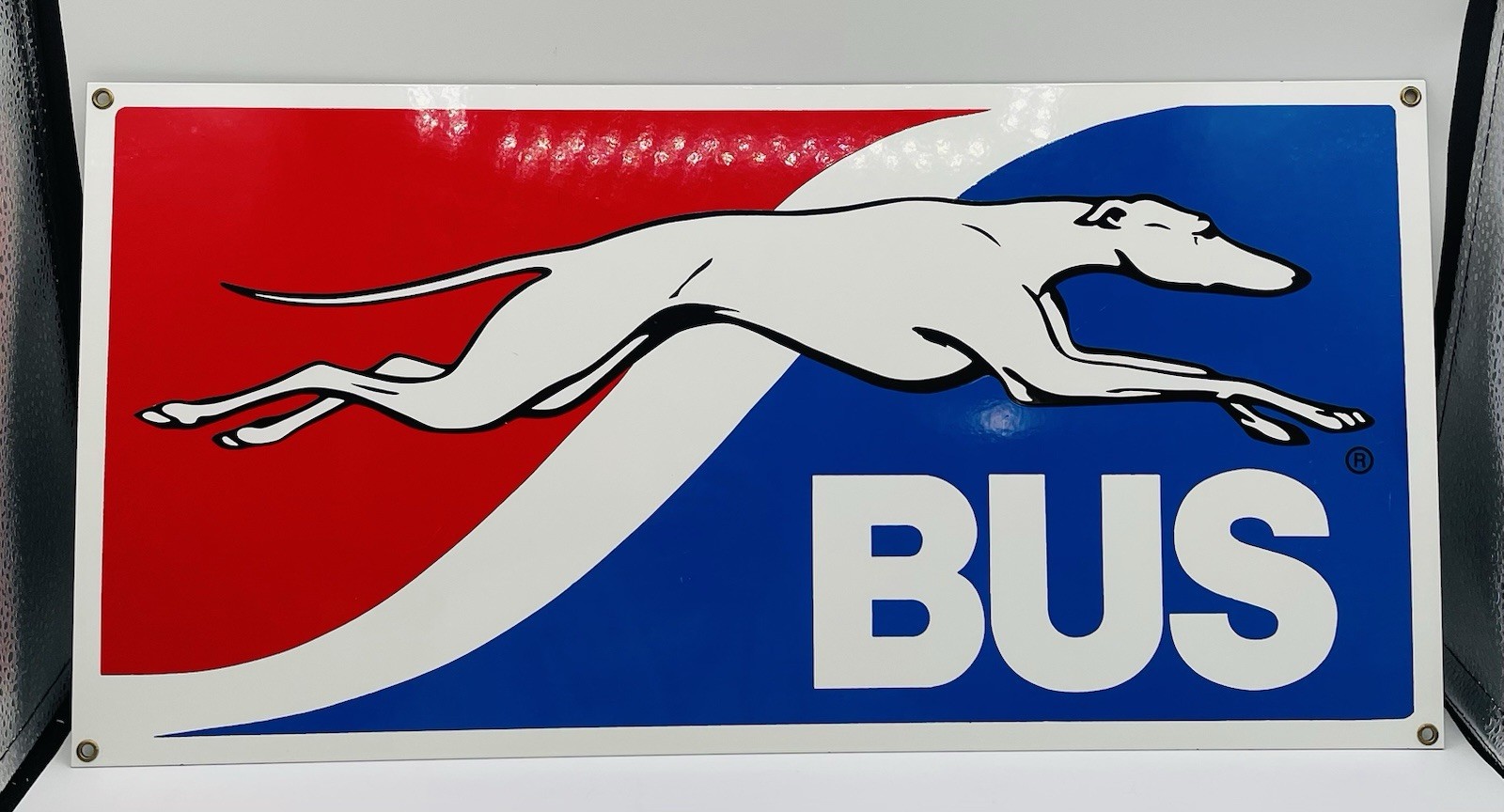 VTG-ANDE ROONEY GREYHOUND LINES 21×10.75”-PORCELAIN ENAMEL BUS STATION SIGN!