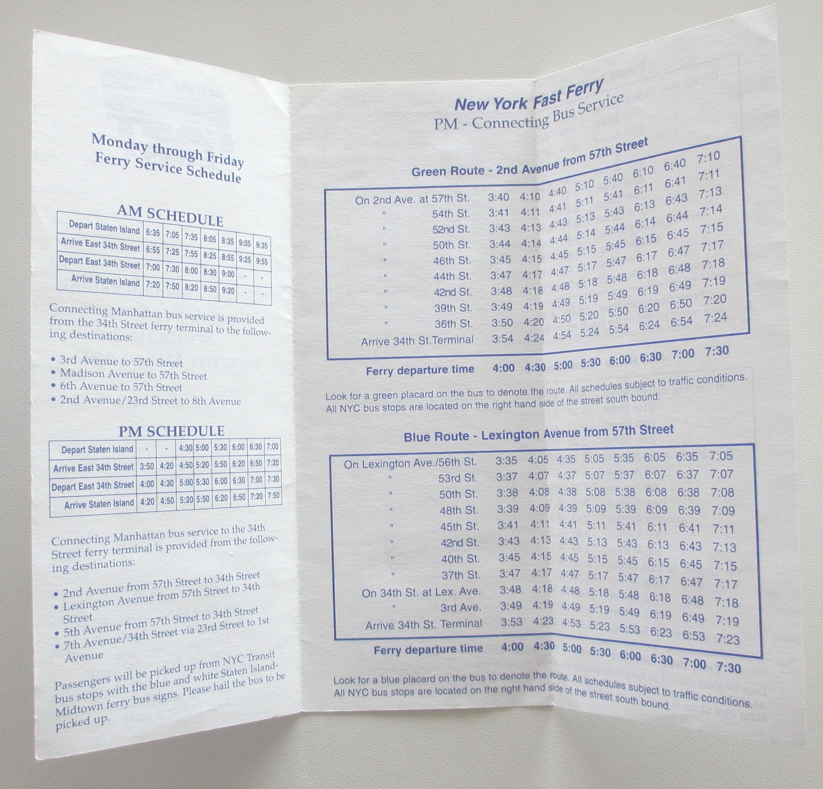 Vintage March 1997 New York Fast Ferry & Bus Schedule Timetable Manhattan NYC