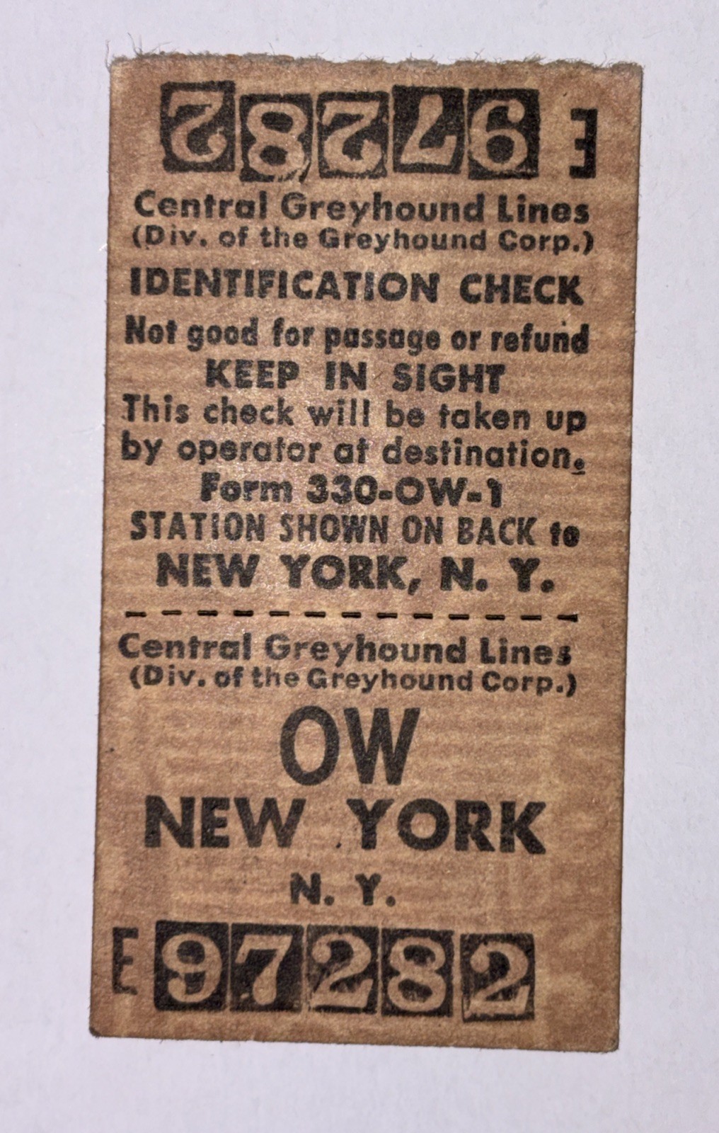 1953 Central Greyhound Lines ID Check Ticket Portland PA to NY, NY Form 330-OW-1