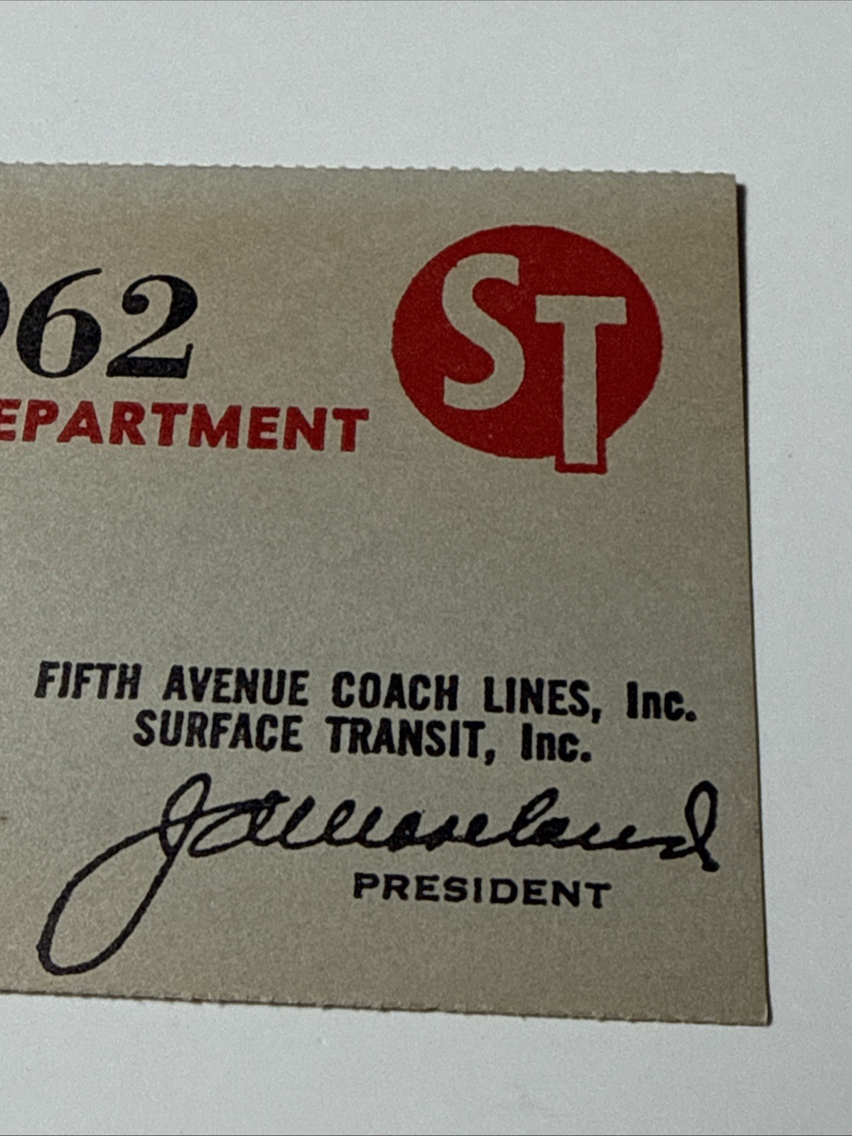 1962 NYC New York Fifth Avenue Coach Lines Police Dept Bus Transit Pass Card Vtg