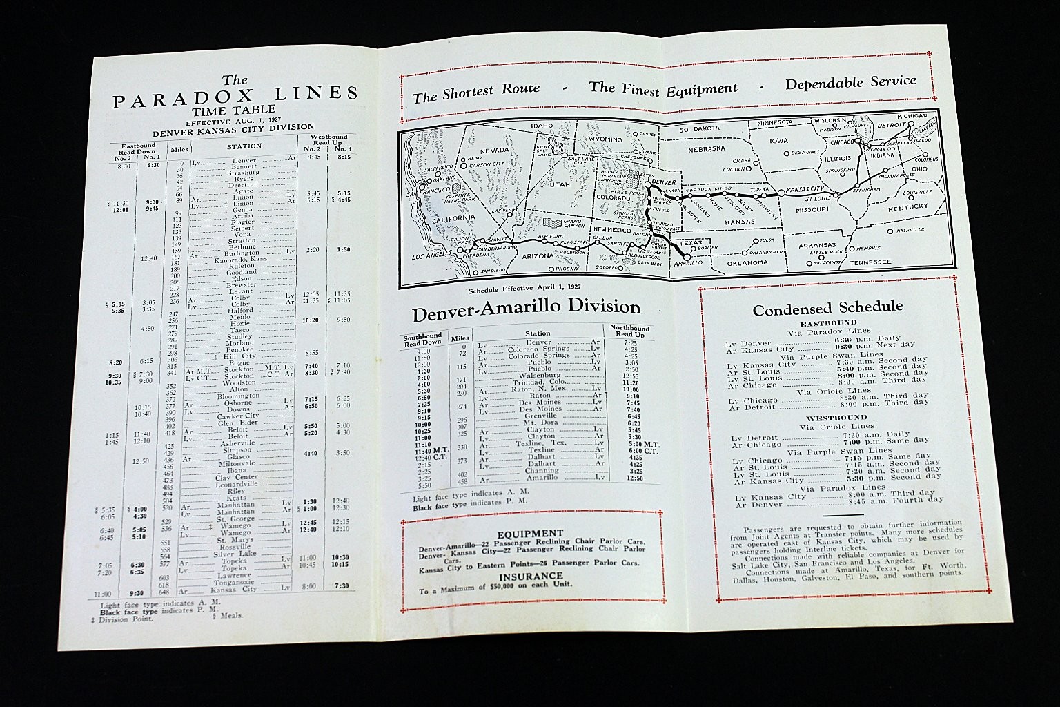 Paradox Lines Time Table Denver Amarillo Kansas City 1927 Early Bus Travel