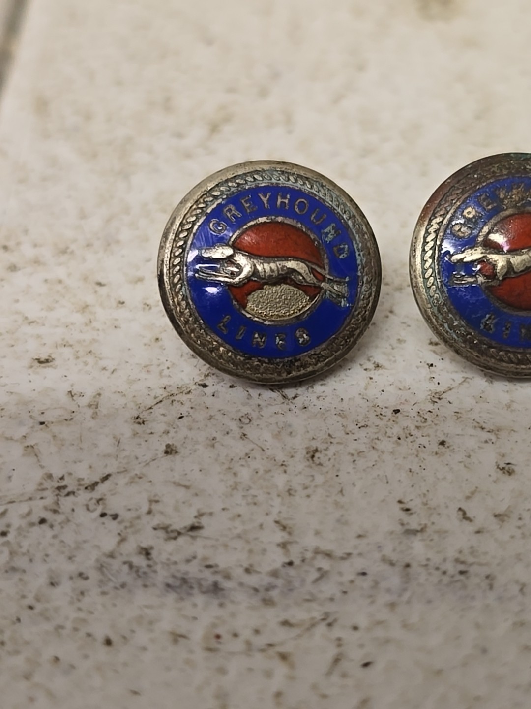 Pair Of Vintage Greyhound Bus Lines Enamel Hat Jacket Buttons