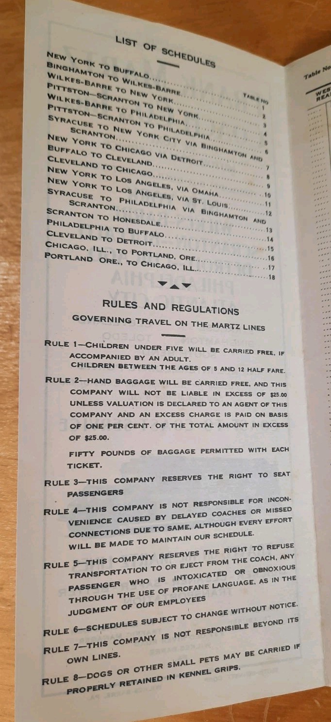 Frank Martz Coach Co. Bus Schedule / Timetable December 1929 – Wilkes Barre Pa