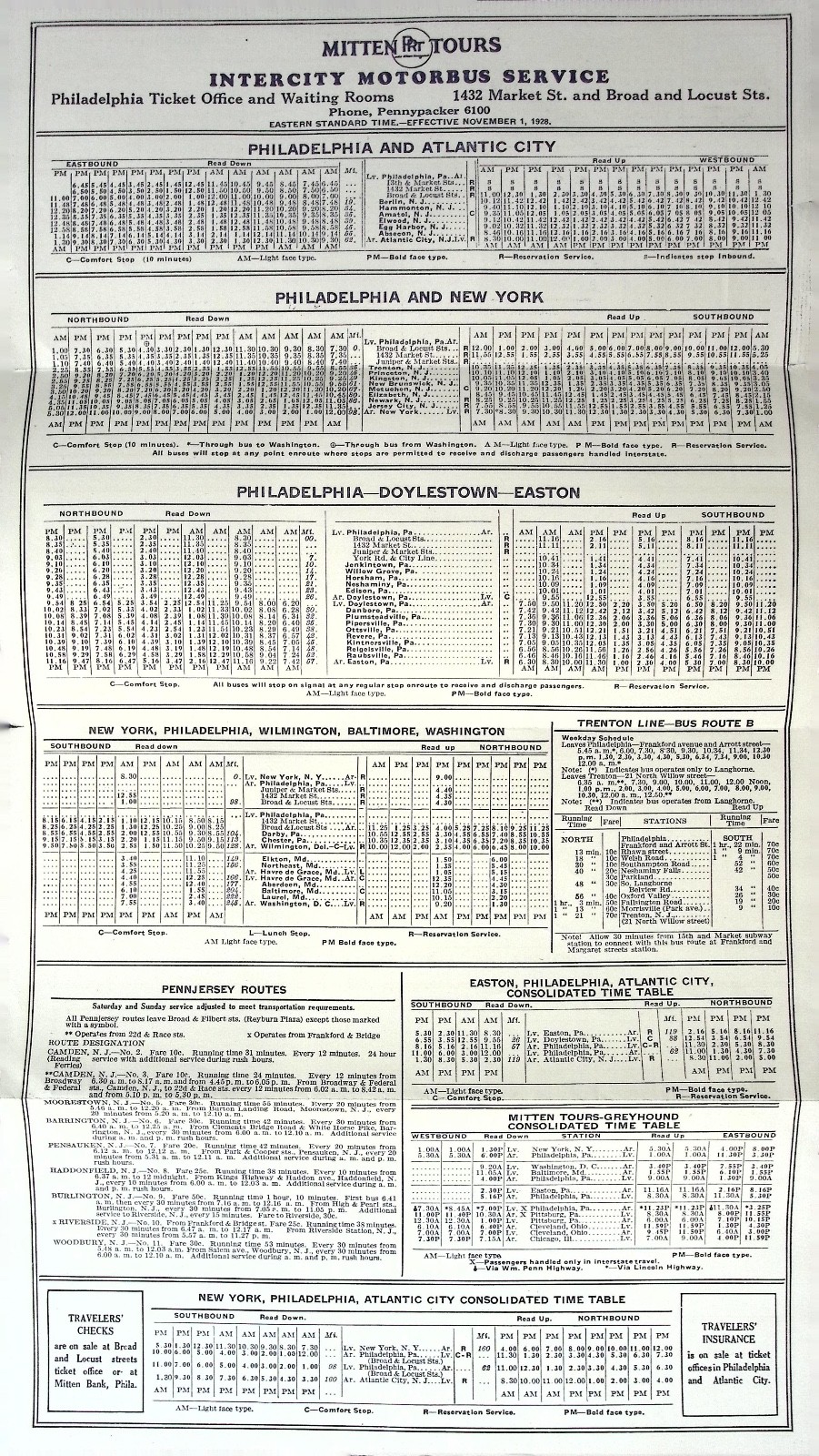 1928 Mitten Tours Intercity Motorbus Service Timetable Philadelphia New York