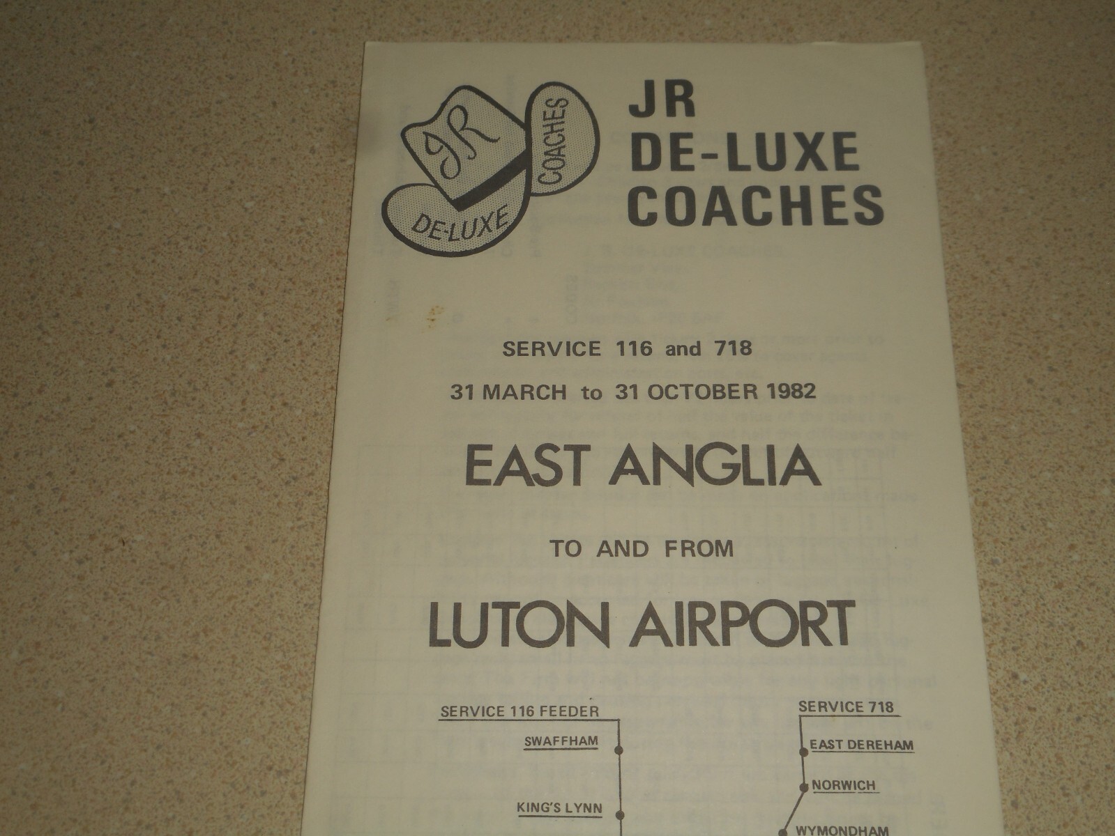 LUTON AIRPORT JR DE-LUXE COACHES 1982 Bus Service Timetables Brochure E. Anglia