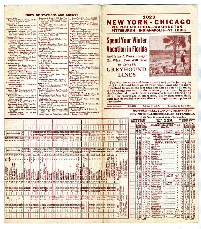 Greyhound Lines Bus Time Tables 1023 December 1933 Chicago New York Florida