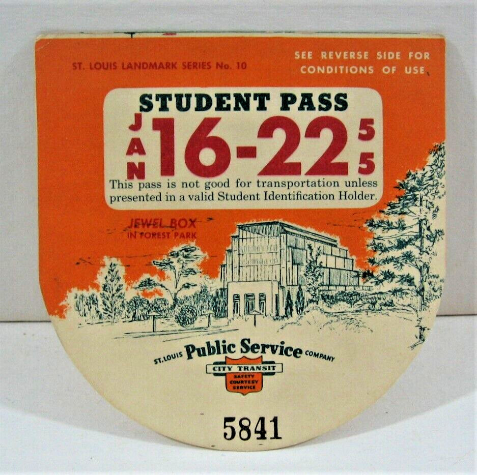 1954 St Louis Public Sedvice Co Student Bus Pass Jewel Box Forest Park Image