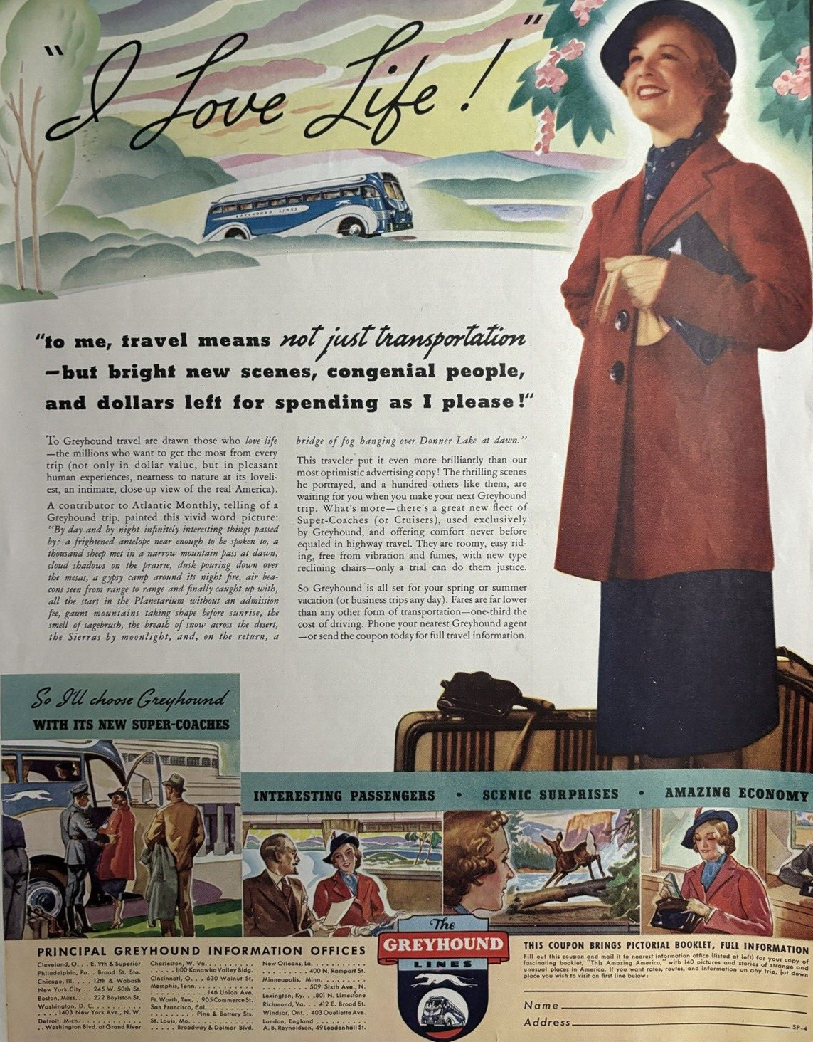 1937 Greyhound Bus Lines Transportation Super Coaches Sierras Vintage Print Ad
