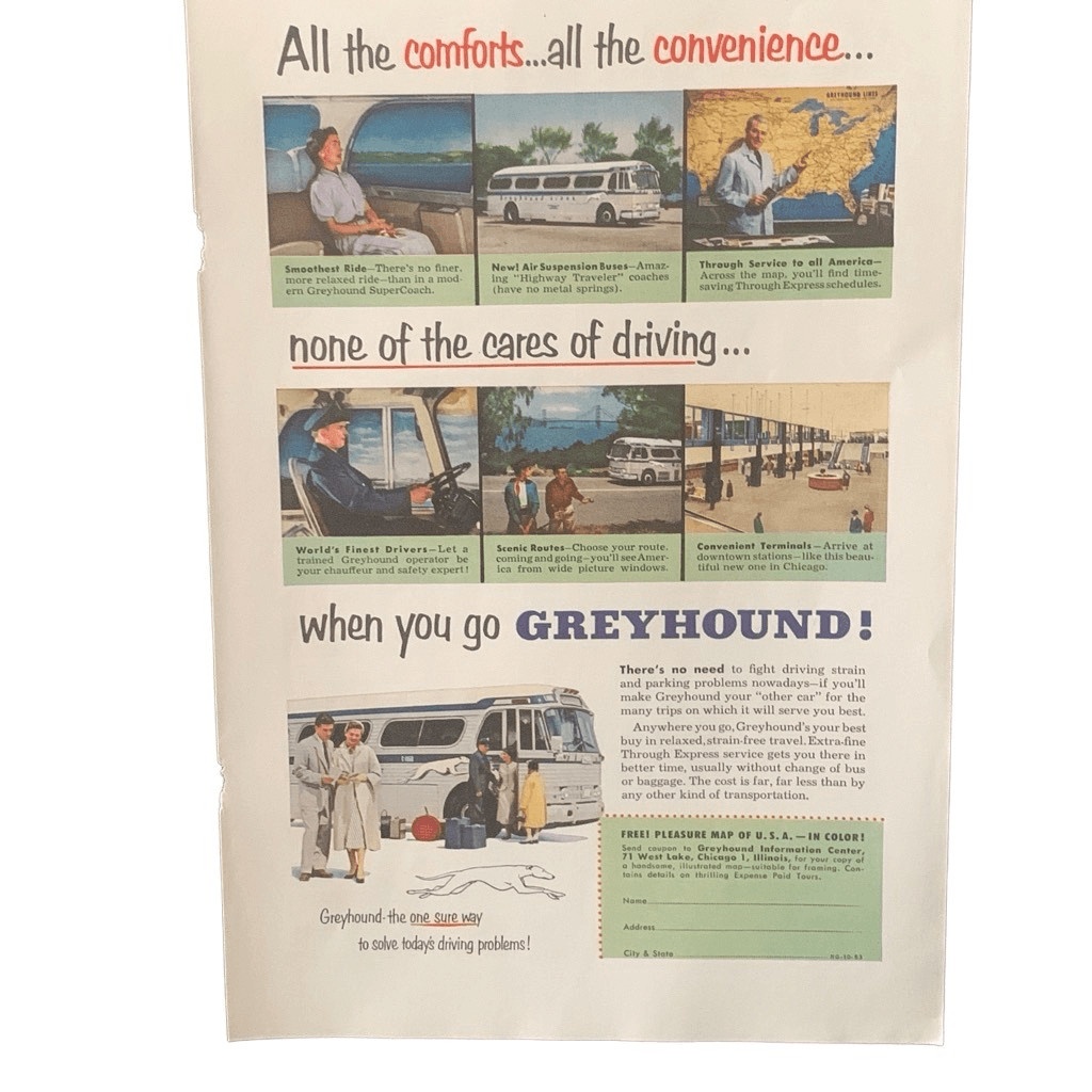 Vintage 1953 Greyhound All the Comforts Ad Advertisment