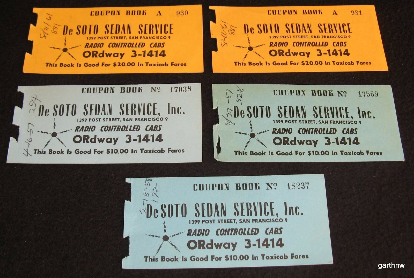 TAXI 1957-1961 SAN FRANCISCO CAB COUPONS * DESOTO SEDAN SERVICE TICKETS