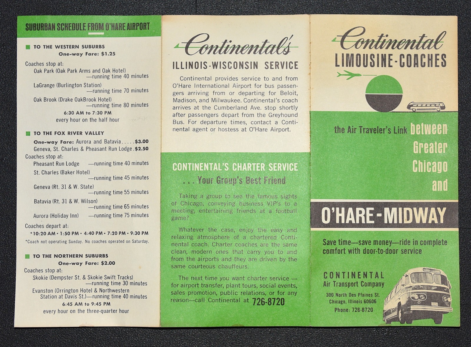 Vintage Late 1960s Continental LIMOUSINE-COACHES Chicago Airports Bus Schedule