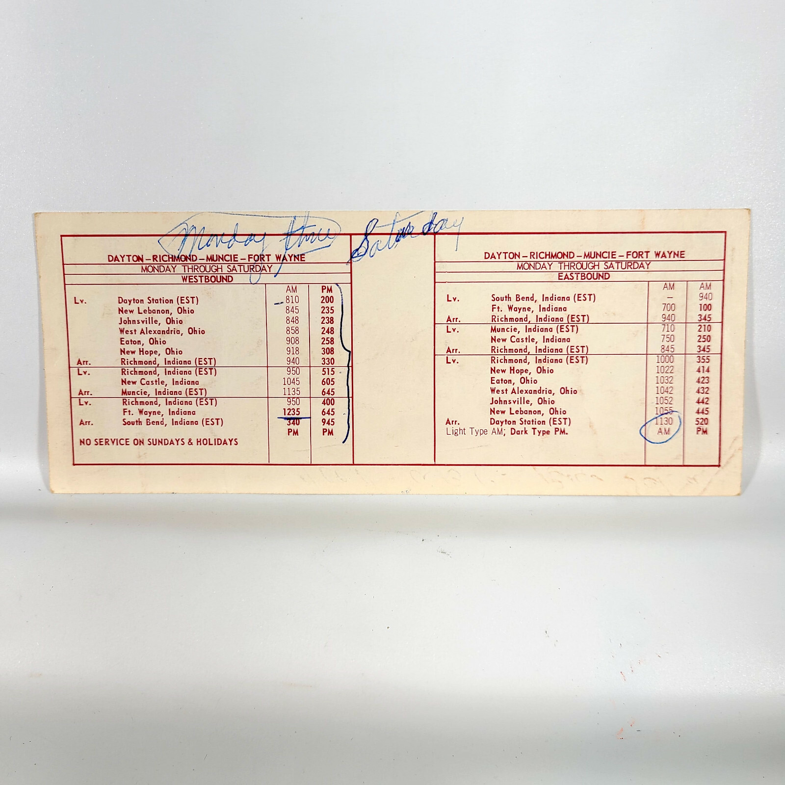 1962 Ohio Bus Line Time Table Dayton Eaton Richmond Indiana OH IN Travel Vintage