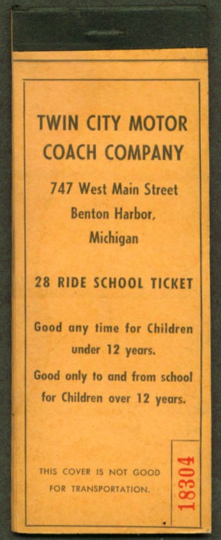 Twin City Motor Coach School tcket Benton Harbor 1950s