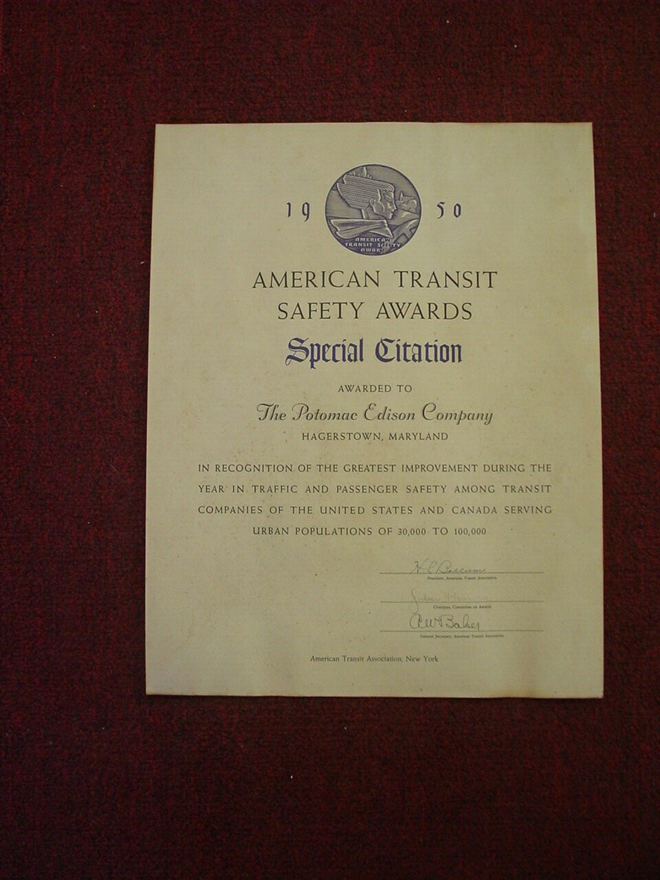 APTA American Transit Safety Awards Rare 1950 Potomac Edison Utility Citation