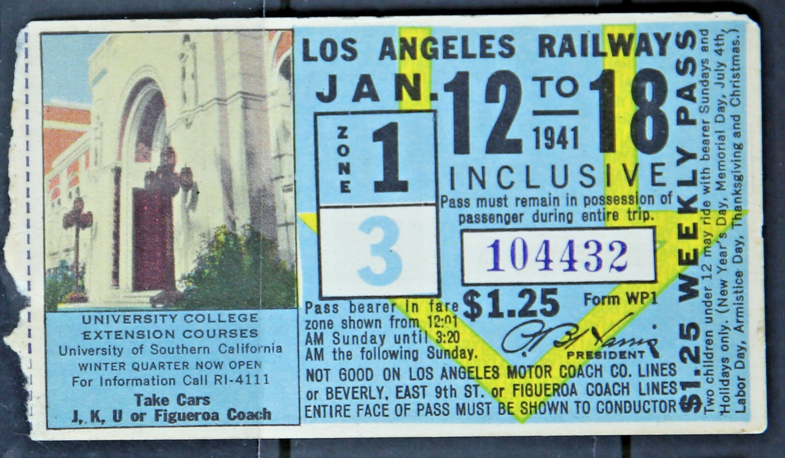 Los Angeles Railway Weekly Pass – USC College Courses Jan 12-18 1941 PASS476
