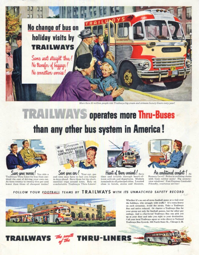 More Thru-Buses than any other system in America! Trailways Bus ad 1951 LK
