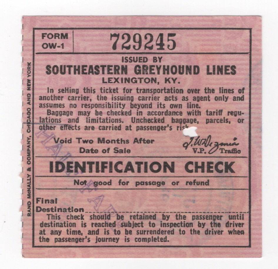 1949 Southestern Greyhound Lines 7/17/49 Nashville ID Check Bus Pass Ticket Stub