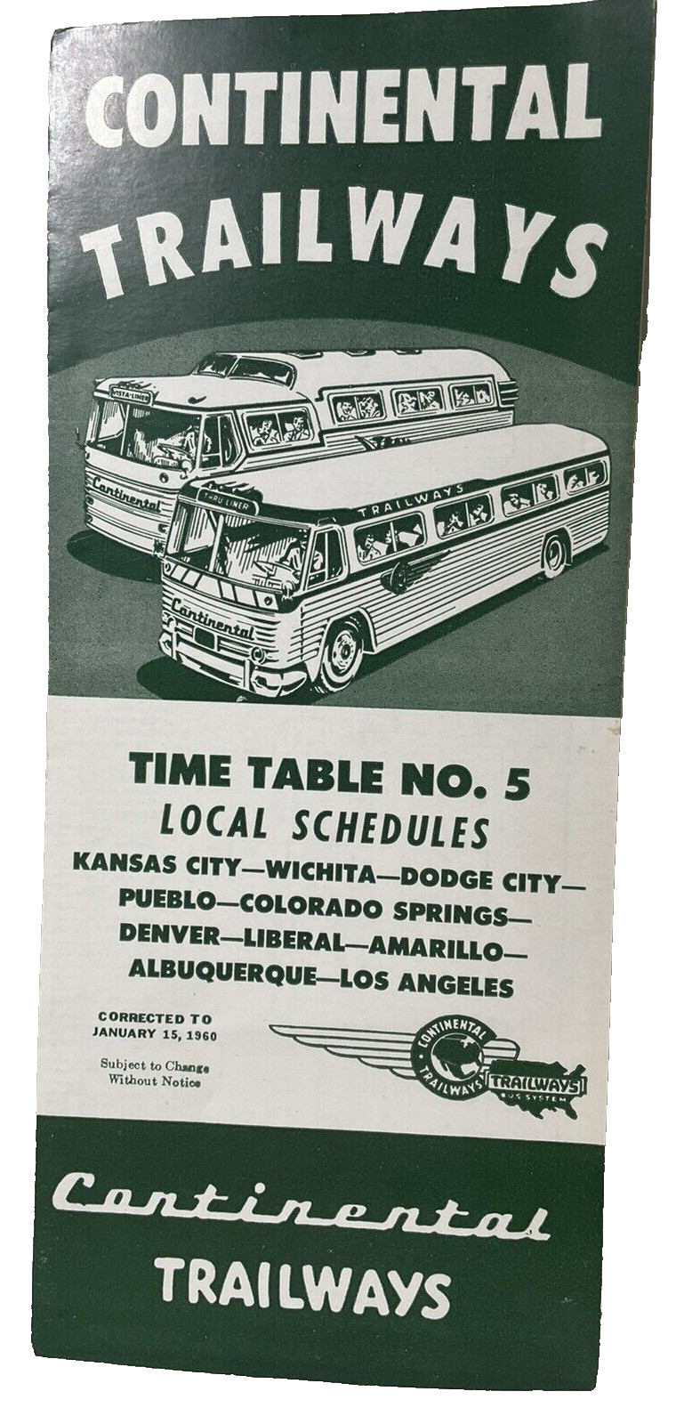 Continental Trailways Bus Time Table No 5 1960 Kansas Denver LA Vintage Green